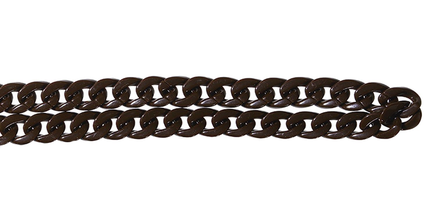 Cordon à lunettes marron, maillons de chaîne, attaches métalliques. Vue horizontale sur fond blanc.