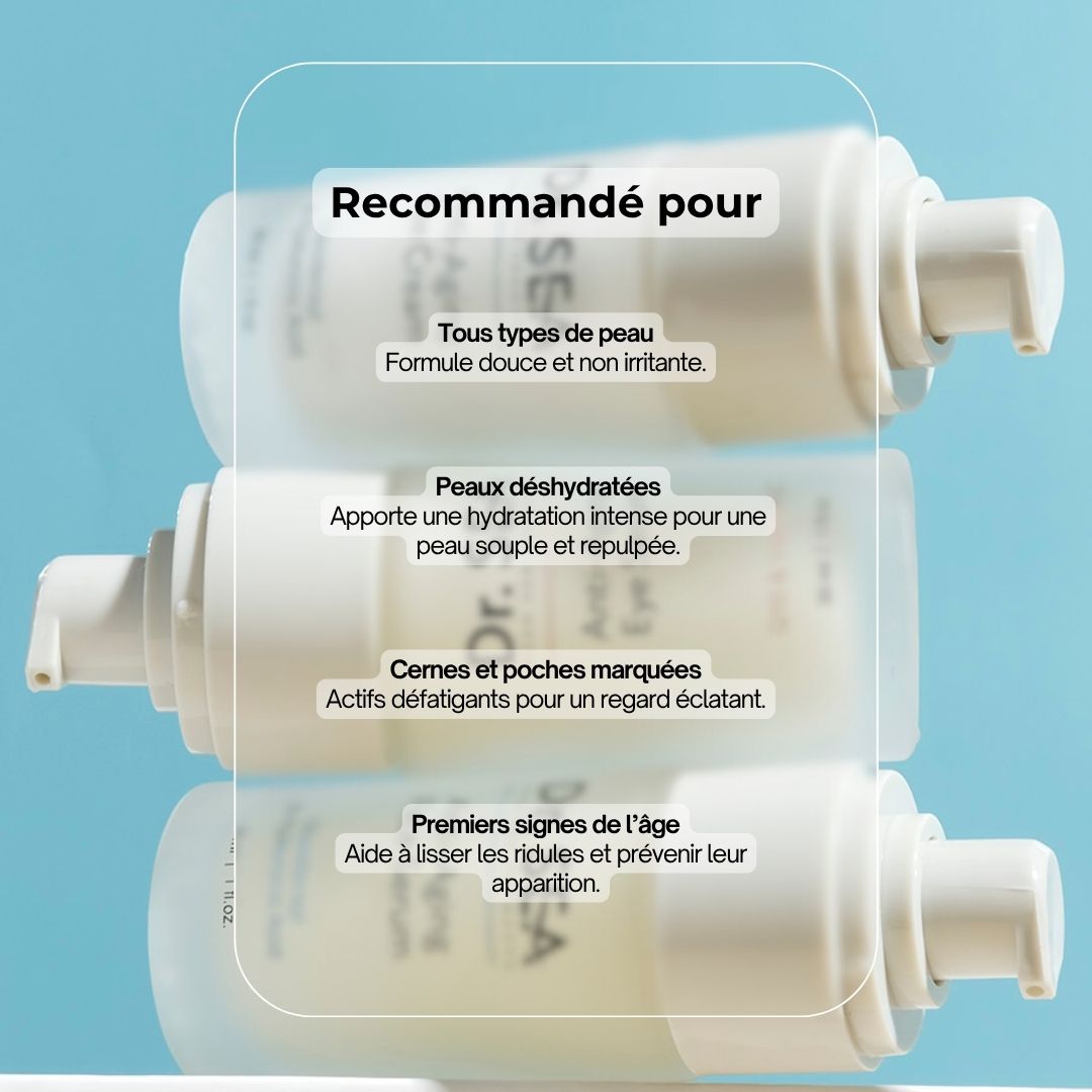 Trois flacons de sérum pour les yeux avec texte. Texte : Dr. SEA, Anti-Aging Eye Serum. Recommandé pour : tous types de peau, peau déshydratée, cernes.