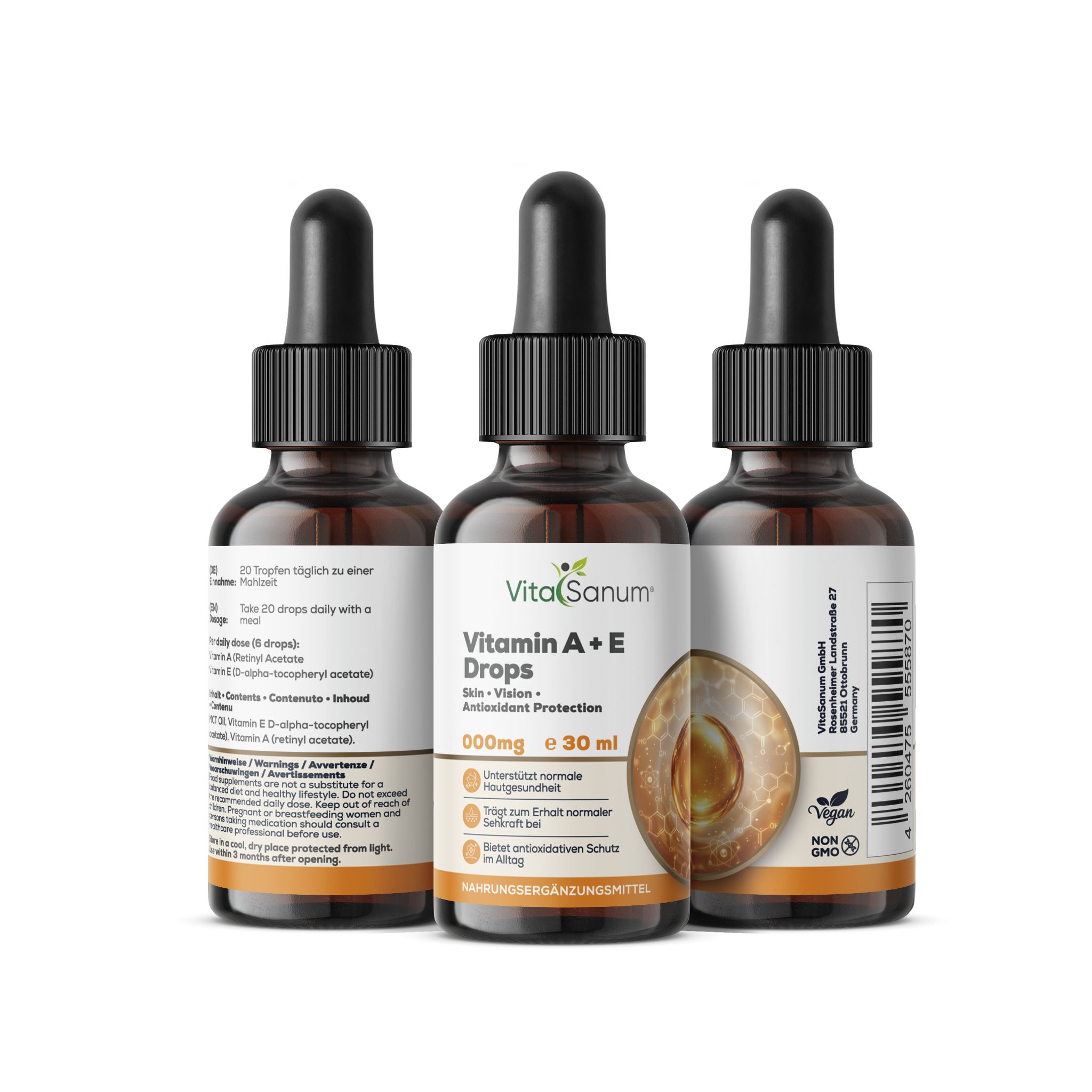 Trois flacons VitaSanum Vitamine A+E avec compte-gouttes. Chaque flacon contient 30 ml.