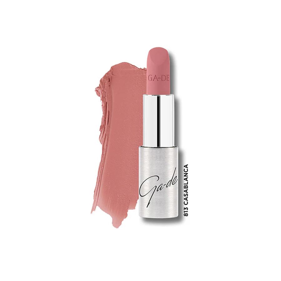 Rouge à lèvres mat doux Ga-De Selfie, couleur 813 Casablanca. Rouge à lèvres rose avec échantillon de couleur.
