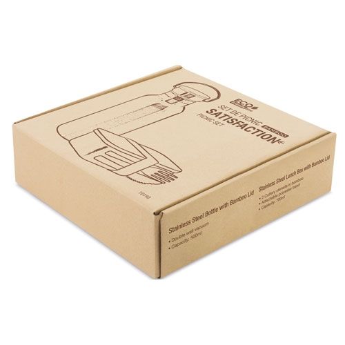 Bruine kartonnen verpakking met productafbeelding. Tekst: 'SET DE PICNIC SATISFACTION'. Bevat een fles en een doos.