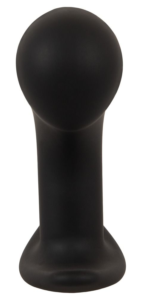 Bovenste deel van een zwarte prostaat vibrator met bolvormig uiteinde en slanke hals.