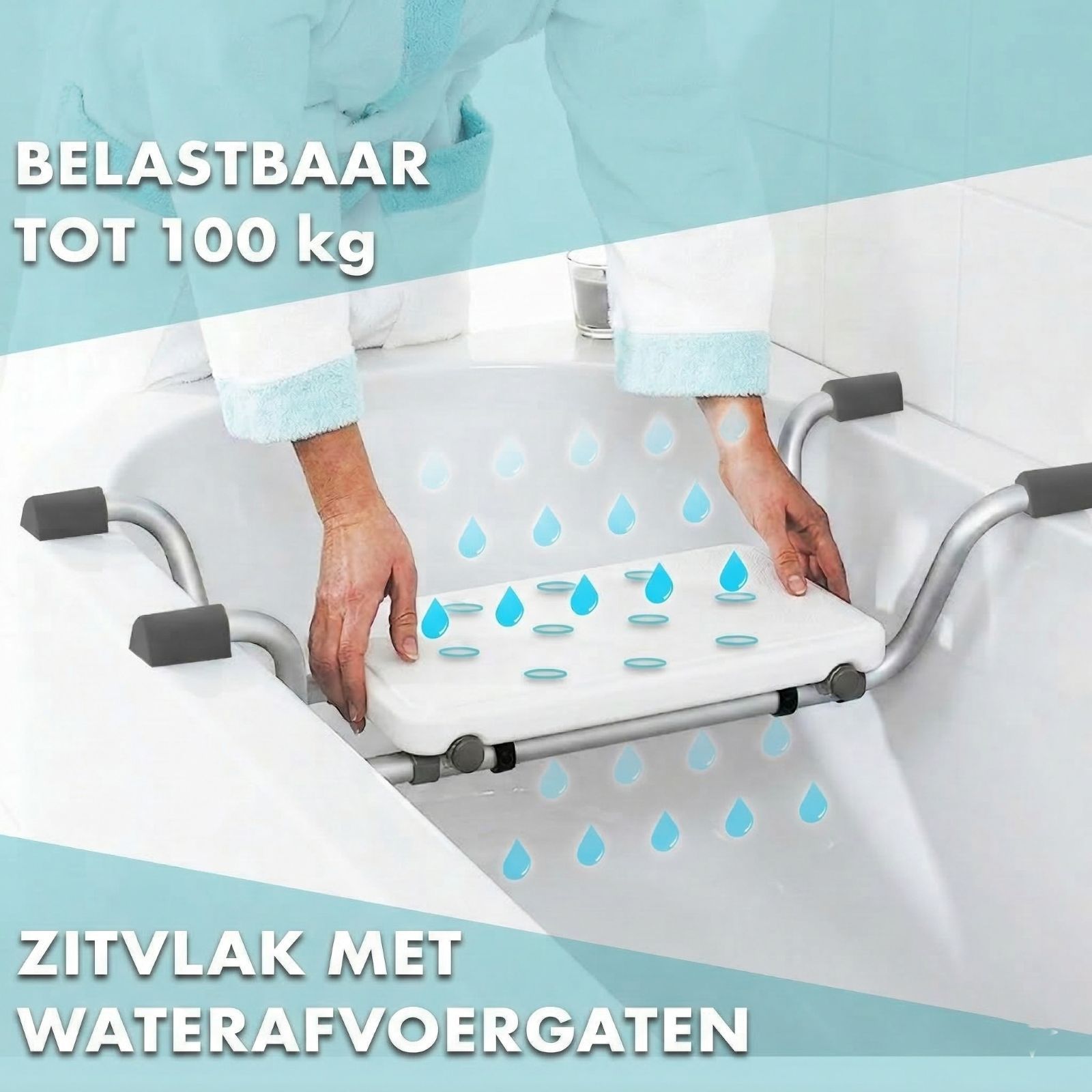 Badzitje, belastbaar tot 100 kg. Met waterafvoer. In bad.