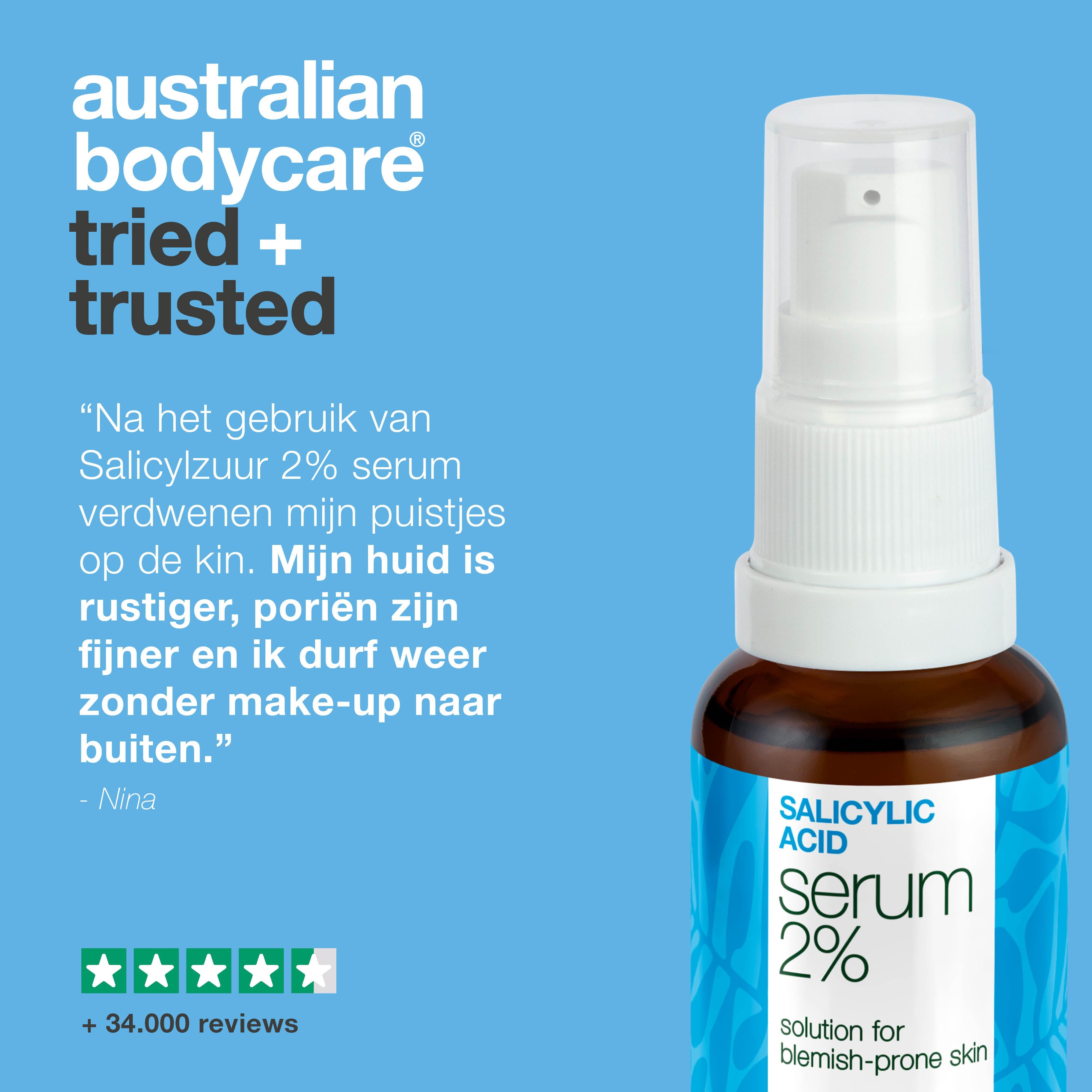 Flesje serum, tekst: Salicylic Acid Serum 2%, australian bodycare. Tekst: Getest en vertrouwd.