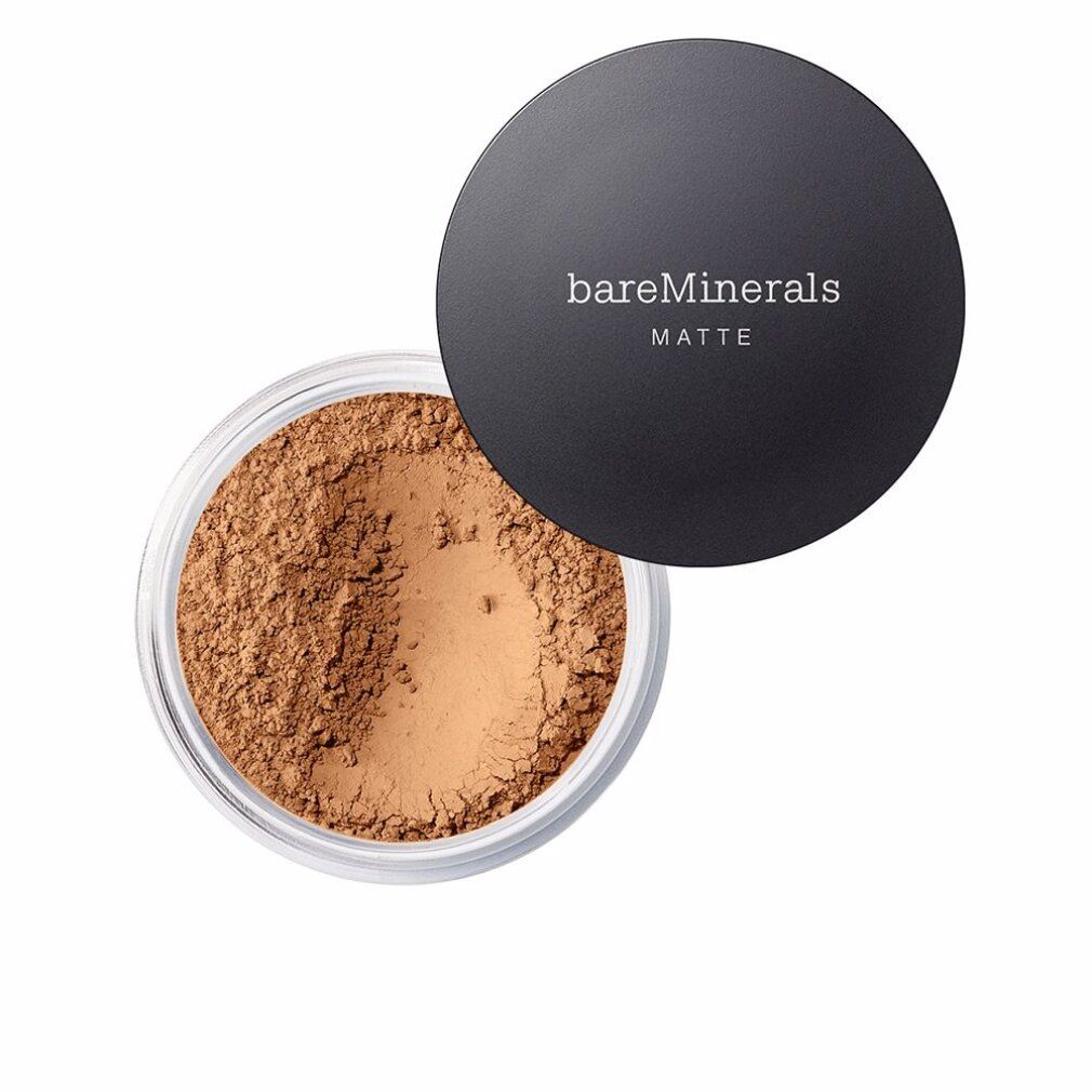 Bareminerals Matte Foundation. Boîte de poudre libre avec couvercle noir. Inscription: bareMinerals Matte.
