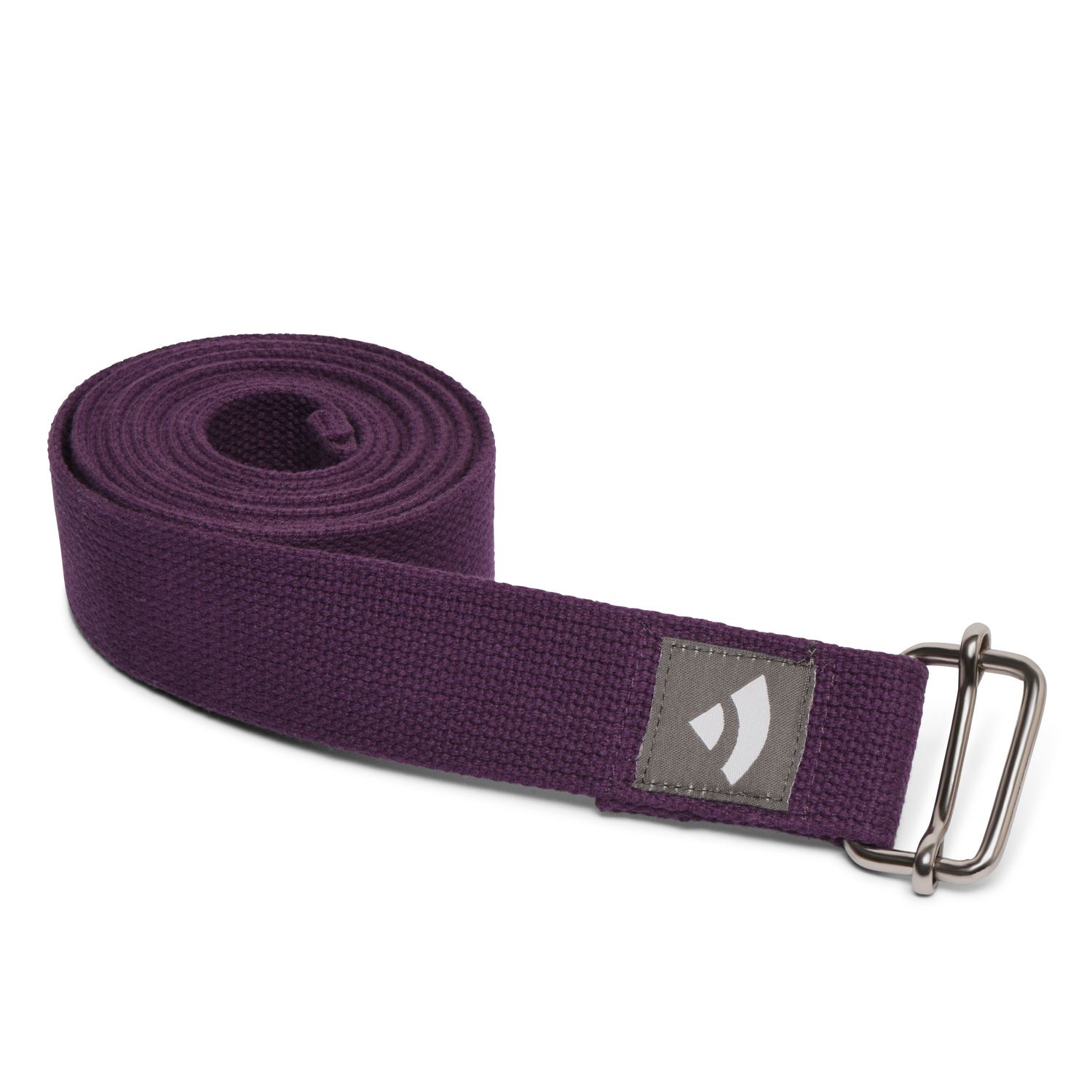 Lila Yogagurt Asana Belt, opgerold. Stoffen band met metalen gesp. Merk bodhi. Grijs logo-label.