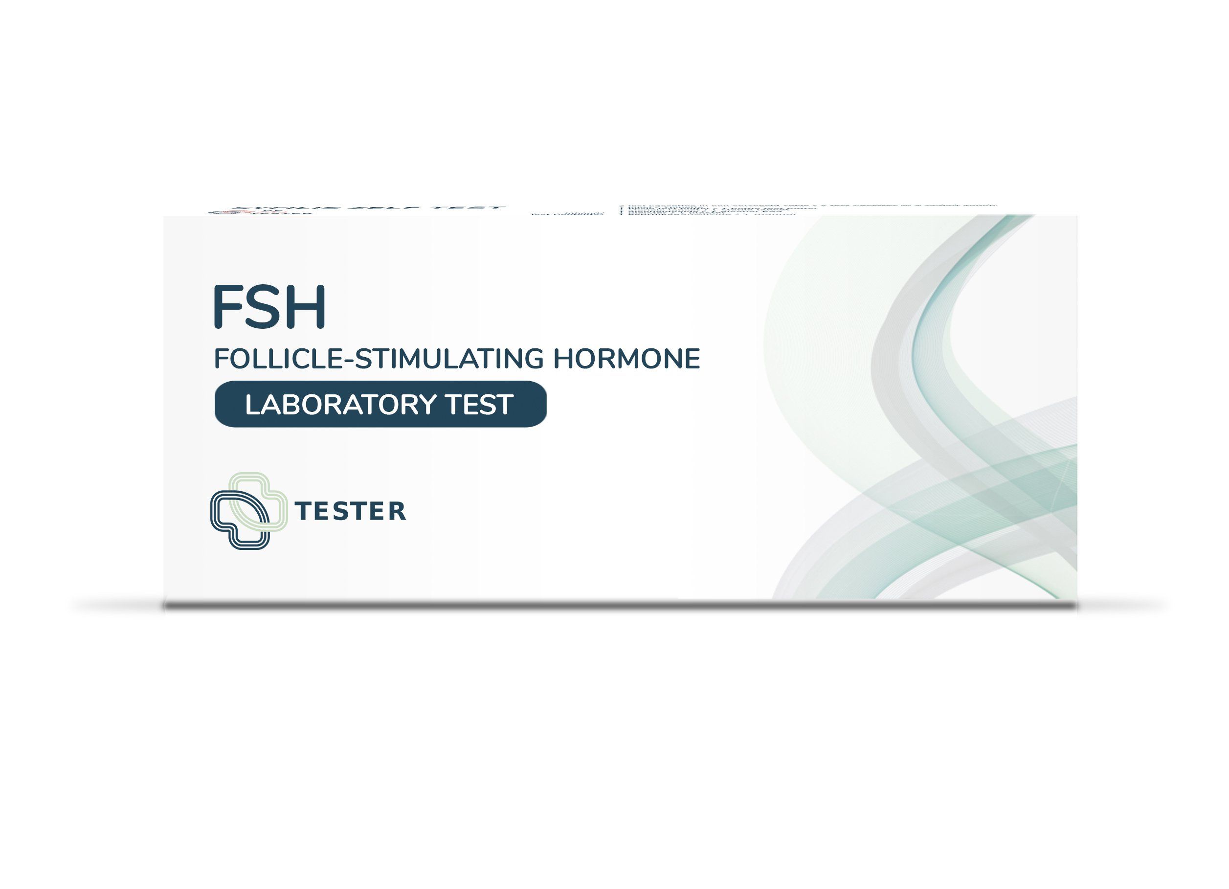Verpakking van de FSH-test. Opschrift: FSH, follikelstimulerend hormoon, laboratoriumtest. Merk: Tester. Wit met blauwgroene golven.