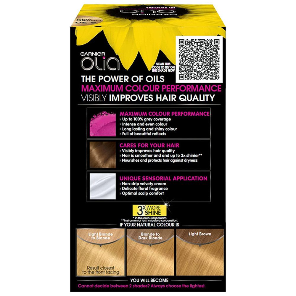 Achterkant van de haarkleurverpakking. Tekst: Garnier Olia, maximale kleurprestaties, verbetert de haarkwaliteit zichtbaar.