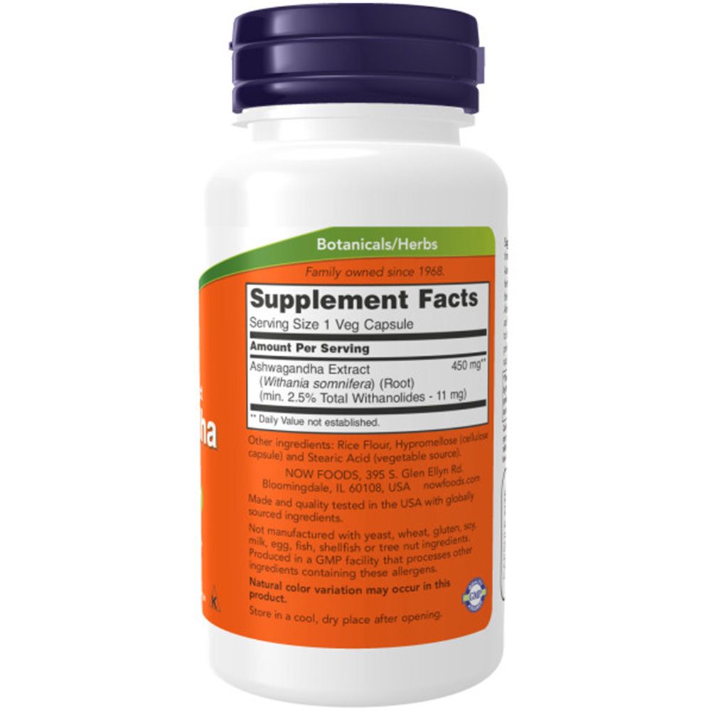 Achterkant fles. Etiket met 'Supplement Facts'. Bevat Ashwagandha extract. Ingrediënten en voedingswaarde-informatie.