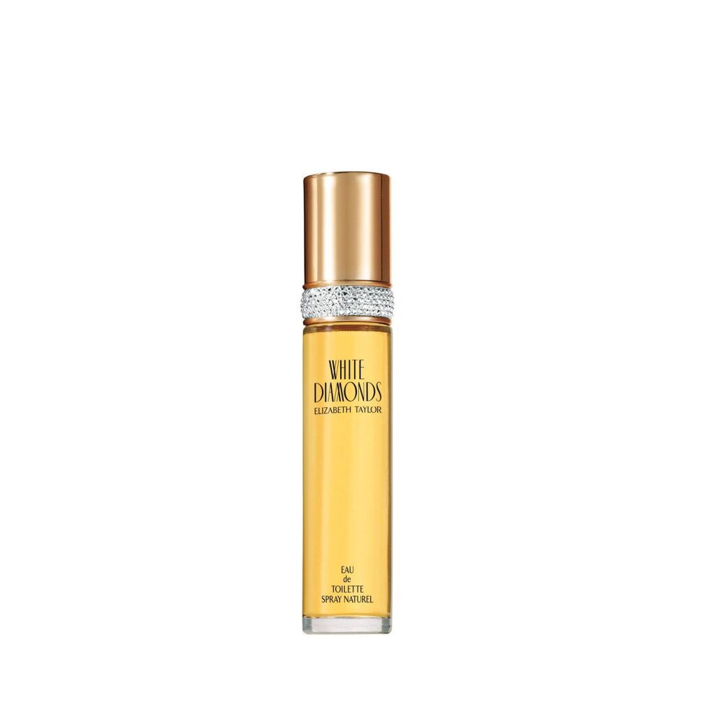 Elizabeth Taylor White Diamonds Eau de Toilette Spray. Gouden dop, zilveren ring, gele parfum.