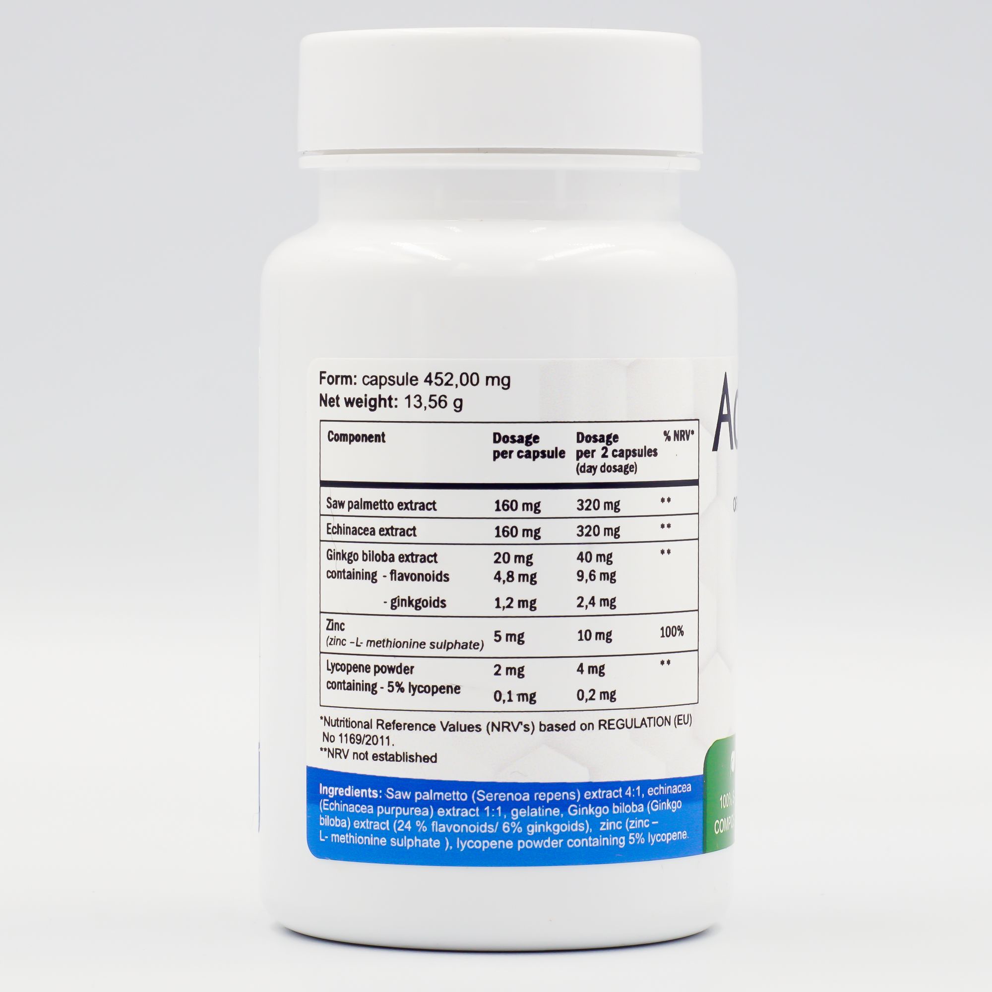 Flacon de gélules blanc avec étiquette. Tableau des ingrédients visible. Texte: Saw Palmetto, Echinacea, Ginkgo Biloba, Zinc, L-méthionine.