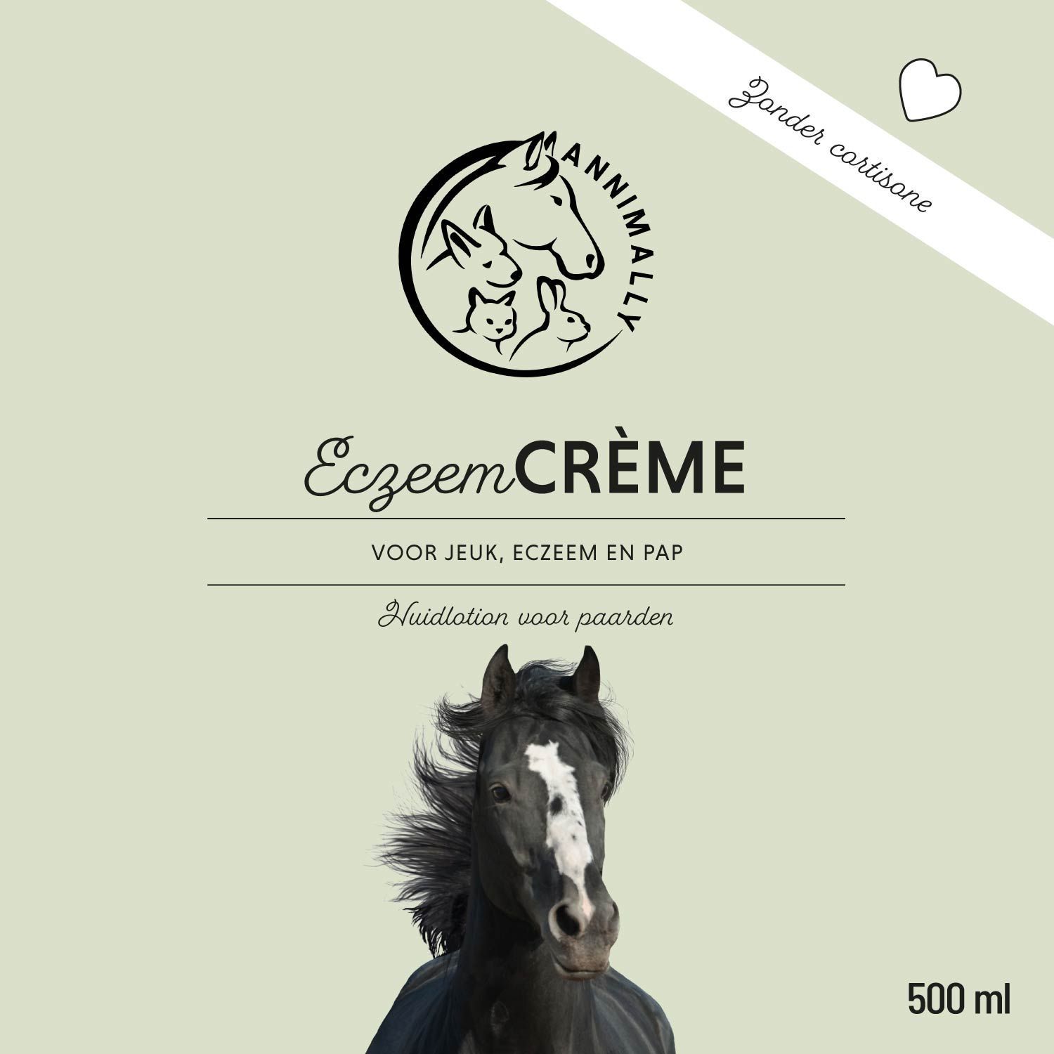 Productlabel met logo, productnaam en tekst. Afbeelding van een paardenkop. Inhoud: 500 ml.