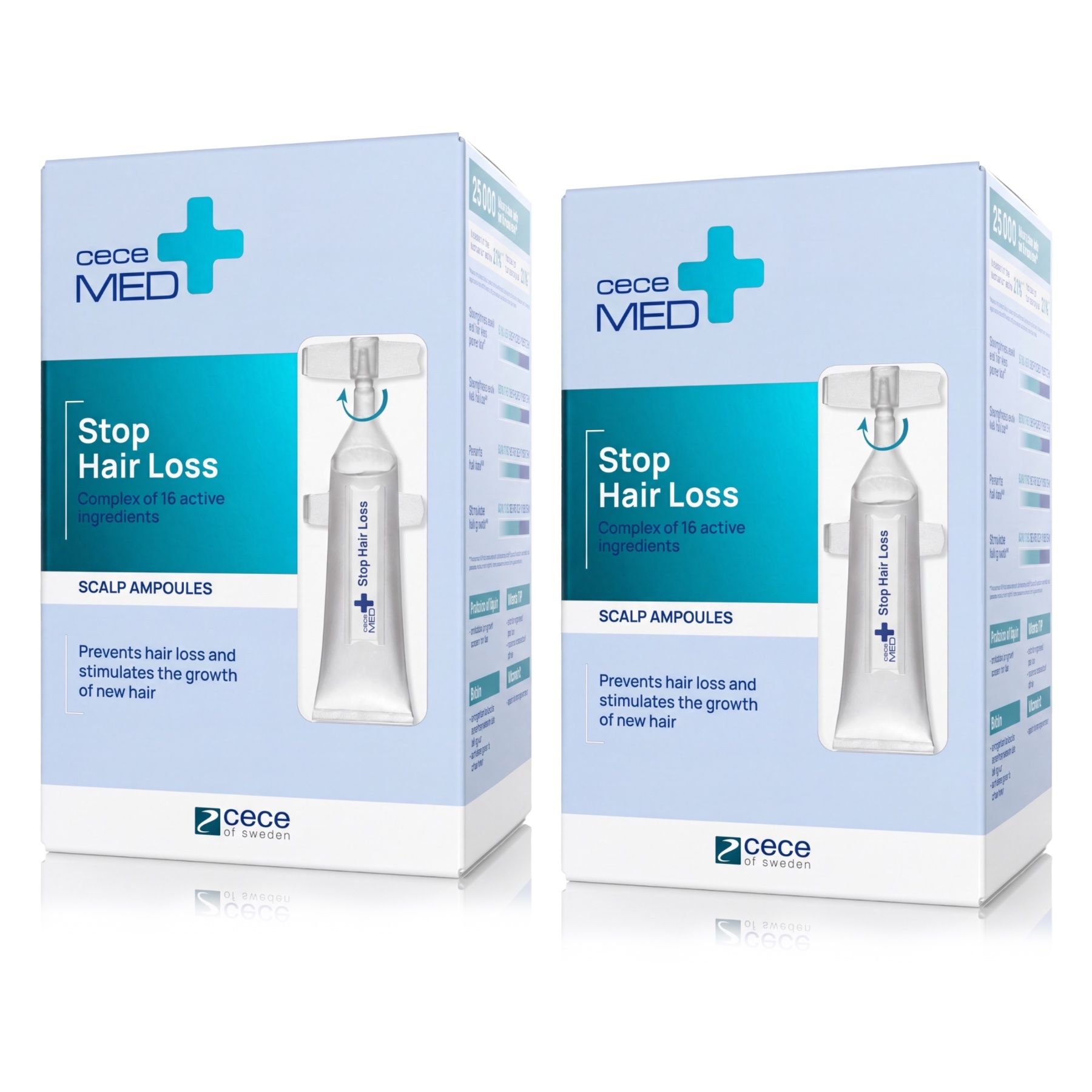 Deux boîtes d'ampoules pour cuir chevelu Cece Med Stop Hair Loss, chacune avec 16 ingrédients actifs.