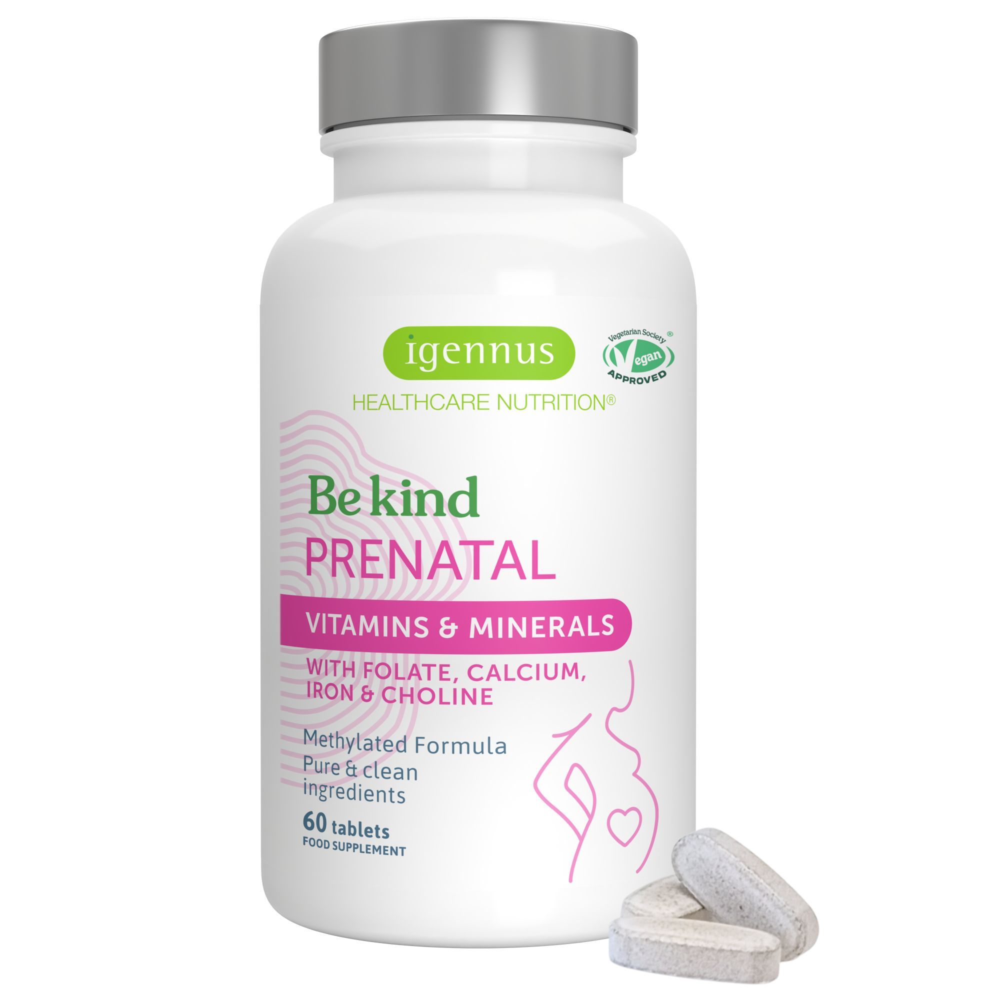Bouteille de vitamines et minéraux prénatals Igennus Be Kind avec deux comprimés devant.