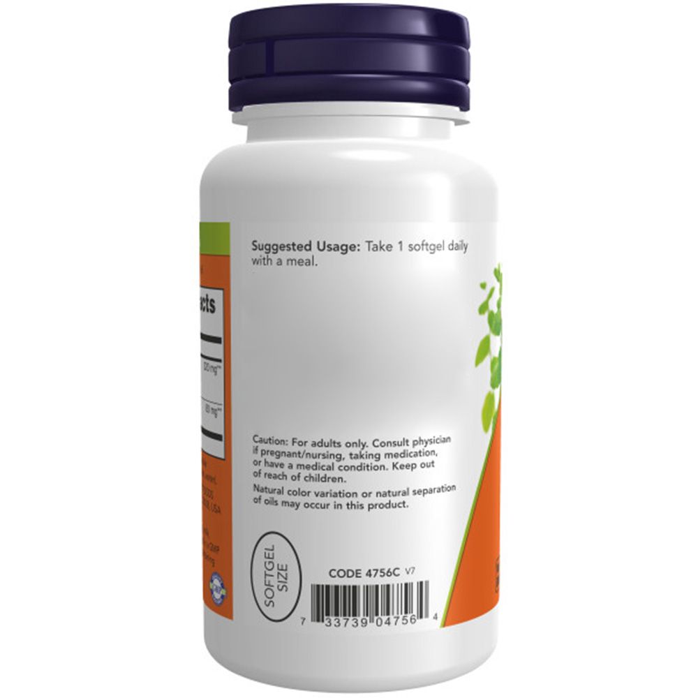 Achterkant fles. Tekst: Suggested Usage. Code 4756C. NOW Foods.