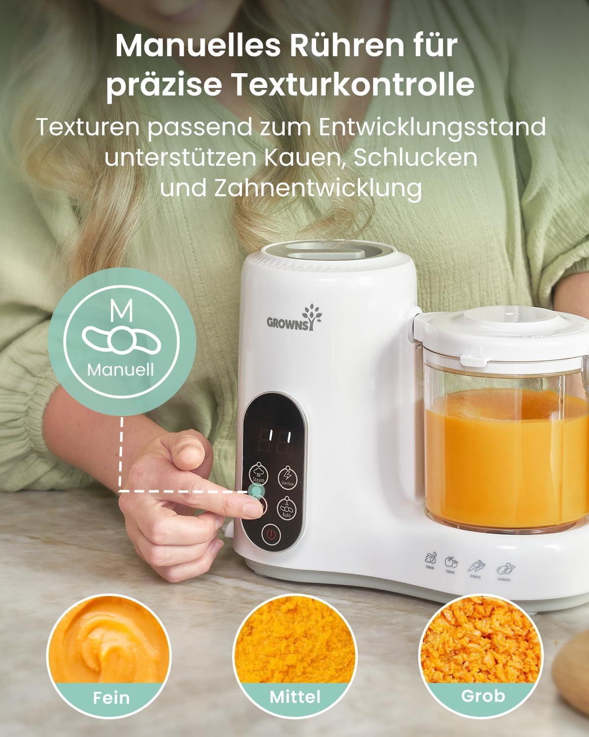 Préparateur de nourriture pour bébé avec fonction de mélange manuel et exemples de textures : fine, moyenne, grossière.