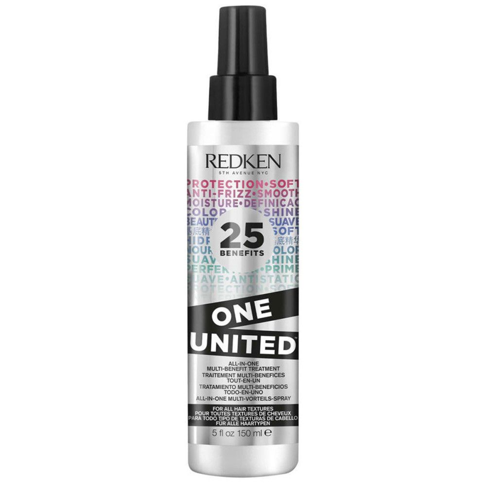 Flacon spray Redken One United. Flacon argenté avec tête de pulvérisation noire. Texte avec 25 bénéfices.