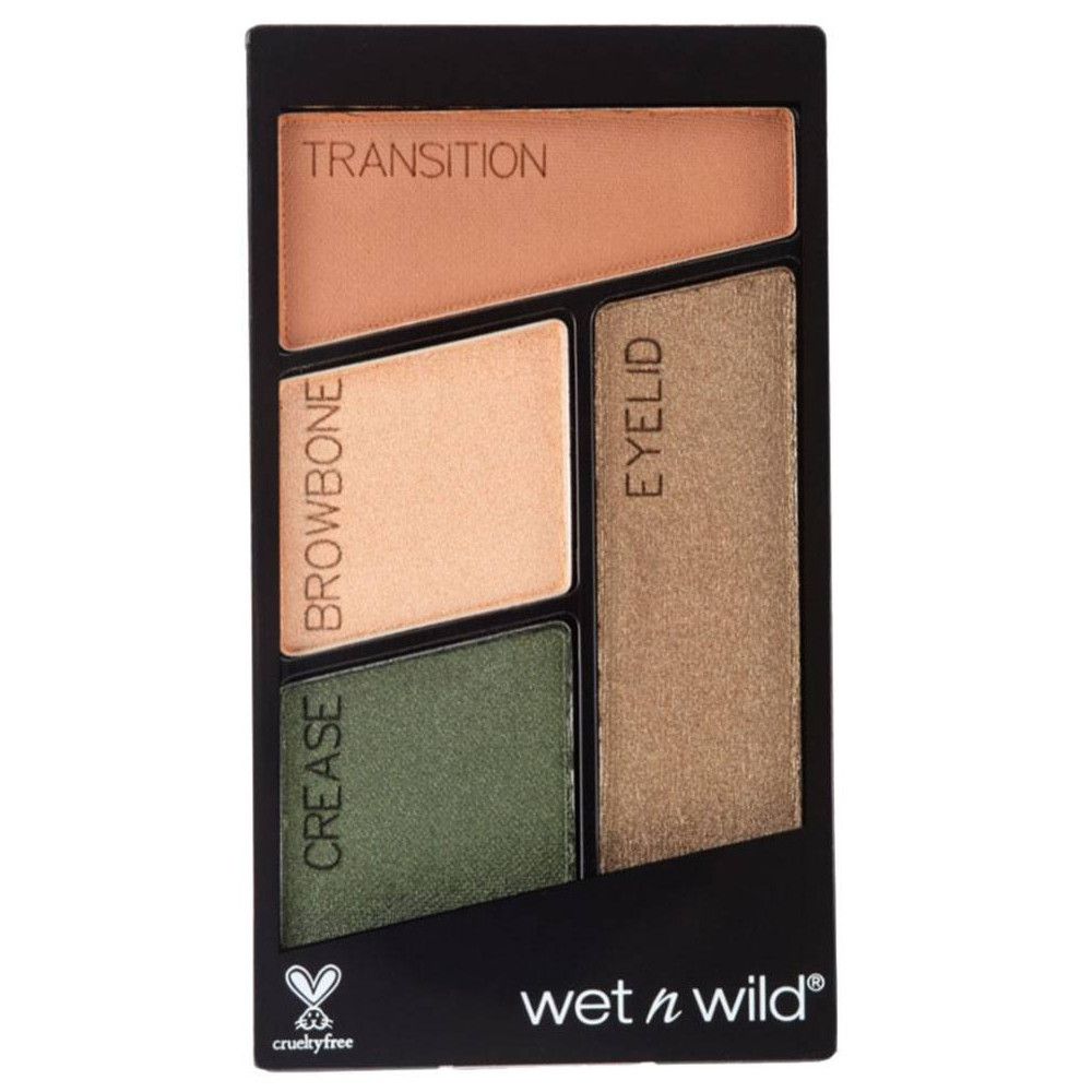Oogschaduw quad. Vier kleuren: Transition, Browbone, Crease, Eyelid. Zwarte verpakking. Cruelty-free logo.
