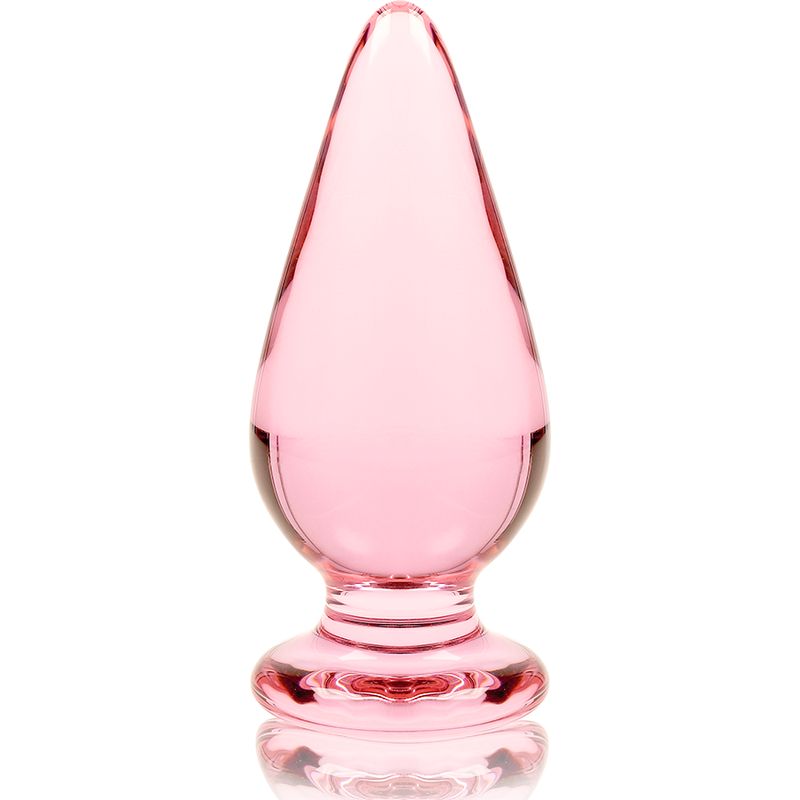 Plug en verre rose avec une pointe en forme de goutte et une base large.