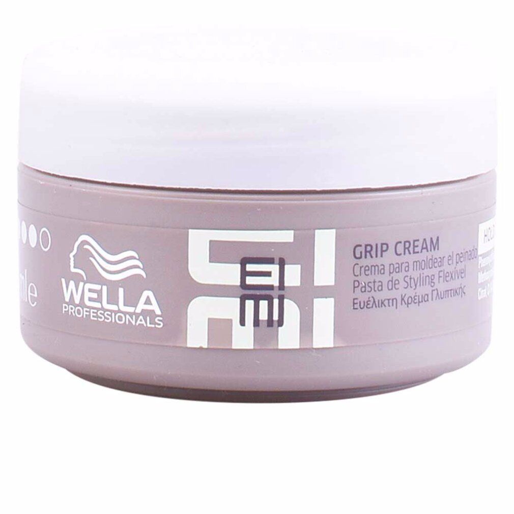 Potje Wella Eimi Grip Cream. Grijze pot met witte deksel. Opschrift Eimi en Grip Cream.
