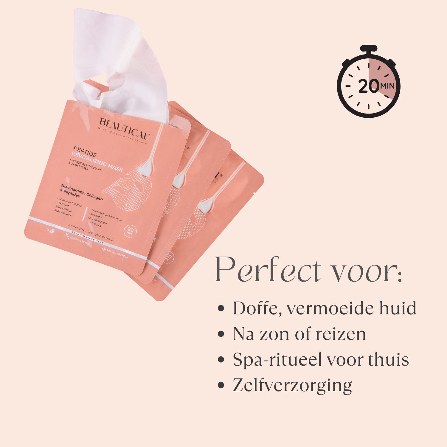 Gezicht met masker. Belangrijkste ingrediënten. Tekst. Close-up.