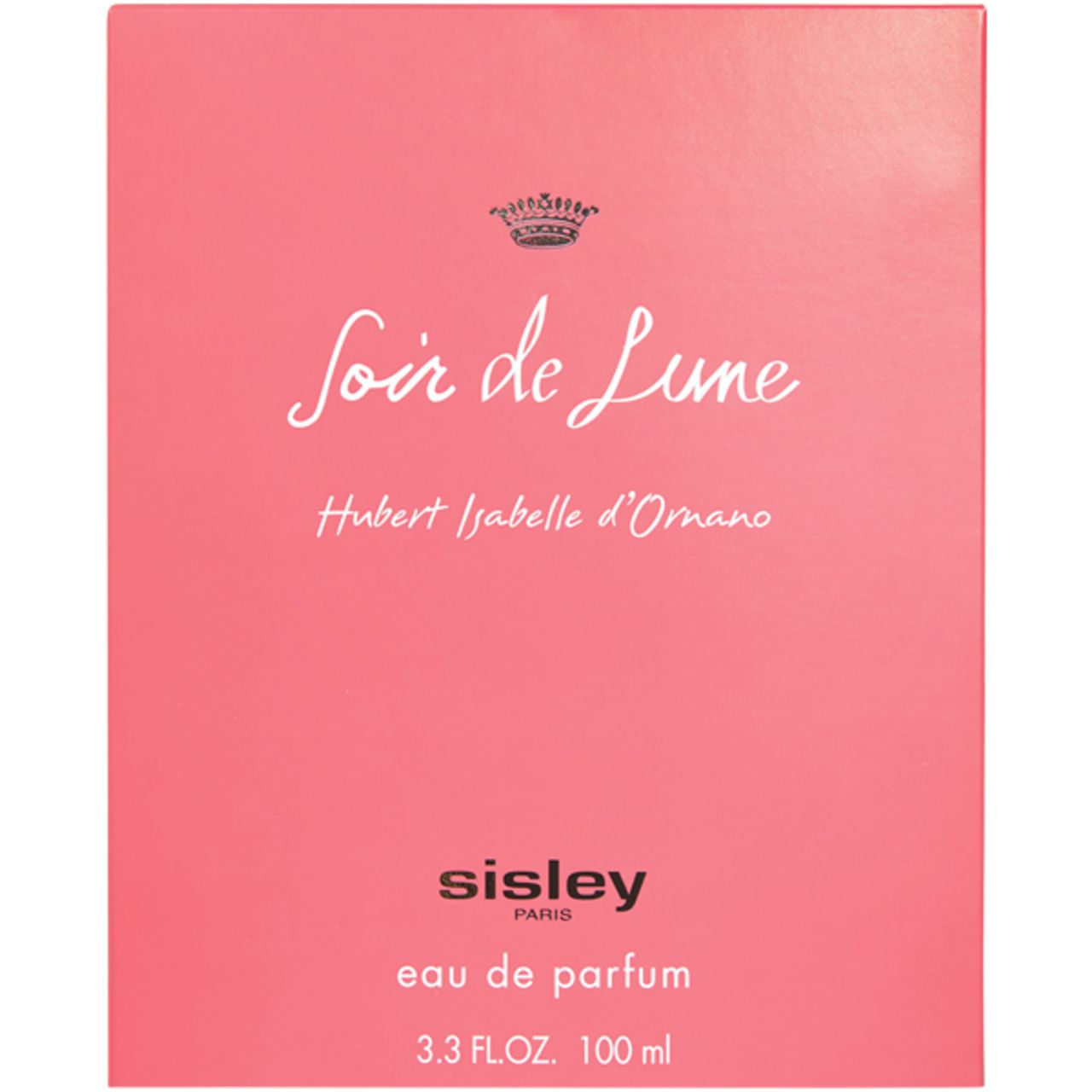 Roze doos. Opschrift: Soir de Lune, Hubert Isabelle d'Ornano, Sisley Paris, Eau de Parfum, 3.3 FL.OZ. 100 ml.