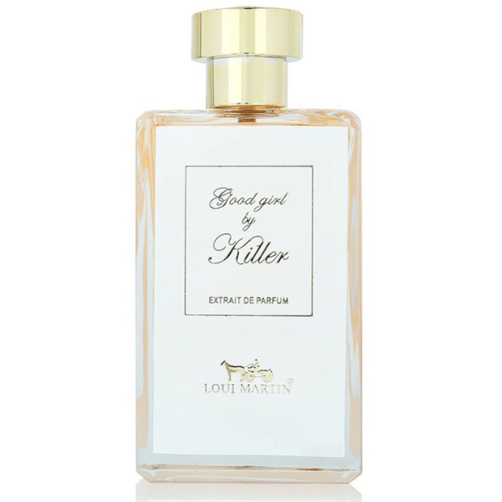 Flacon de parfum rectangulaire avec bouchon doré. Étiquette blanche avec nom du produit et logo.