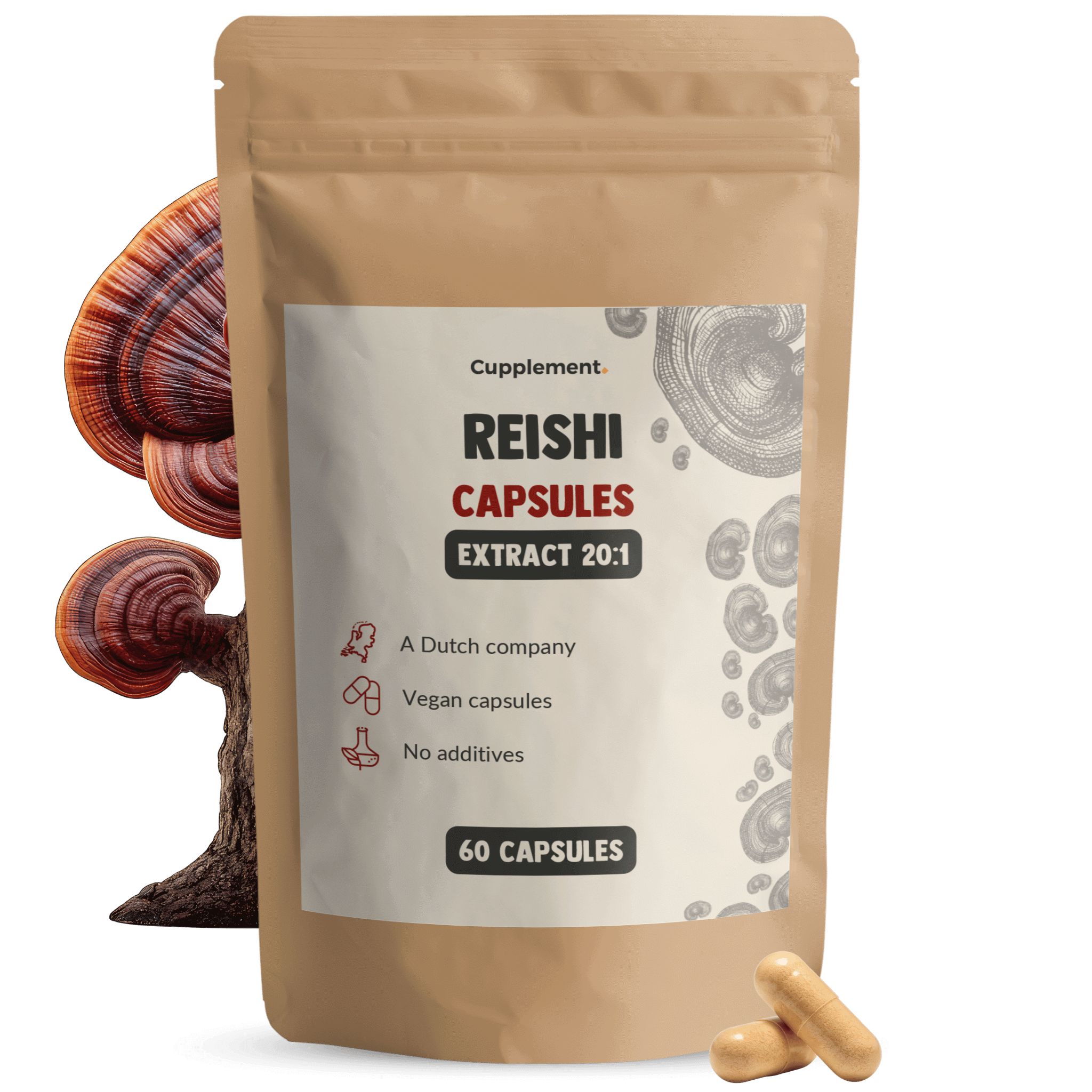 Sachet de gélules de Reishi. Inscription : Reishi Capsules, extrait 20:1, 60 gélules. Deux gélules à côté.