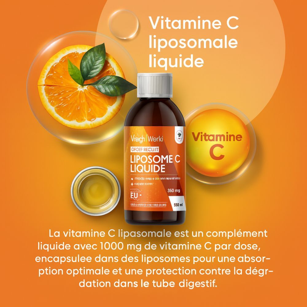 Bouteille marron avec vitamine C. Vitamine C liposomale liquide. 1000 mg de vitamine C par dose. Certification UE. 250 ml.