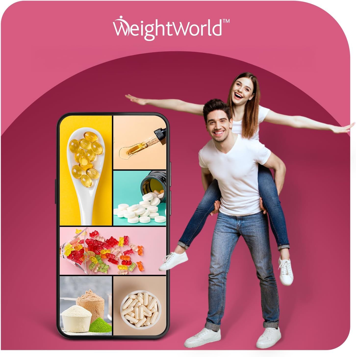 Smartphone avec images de produits. Deux personnes. Texte: WeightWorld.