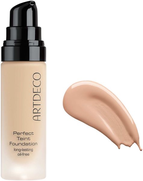 Foundationfles met zwarte pomp en kleursample. Opschrift: ARTDECO, Perfect Teint Foundation, long-lasting, oil-free.
