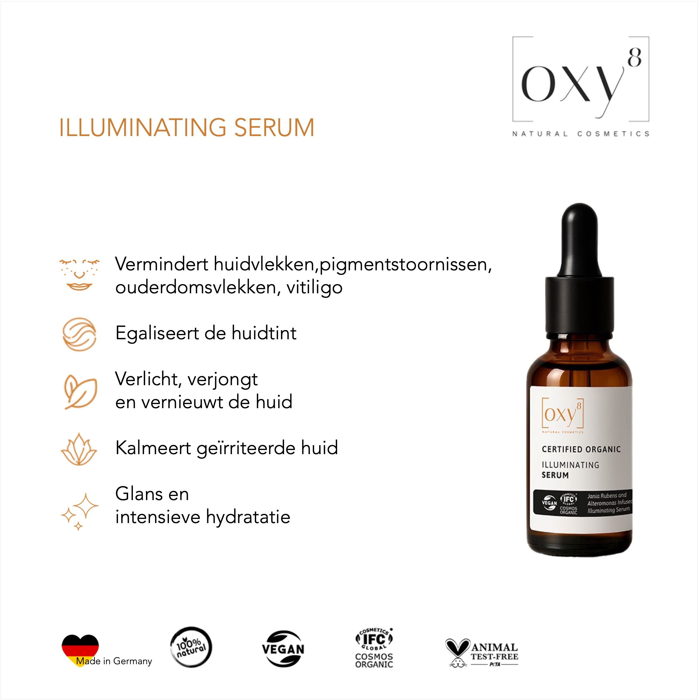 Productfles met tekst en iconen. Tekst: ILLUMINATING SERUM. Iconen: onzuiverheden, teint, vernieuwing, irritatie, glans.