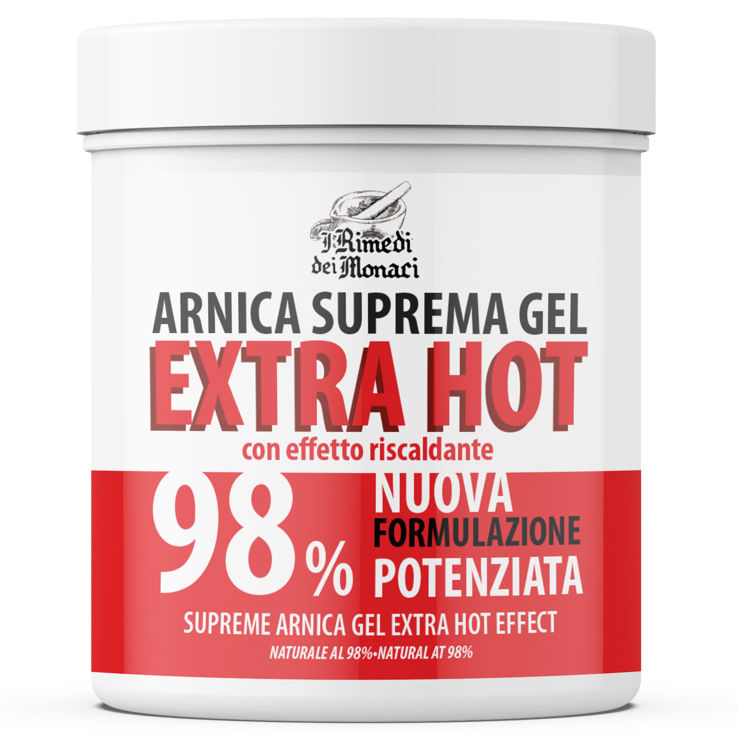 Witte pot met rood etiket. Tekst: Arnica Suprema Gel Extra Hot 98%. Productweergave.