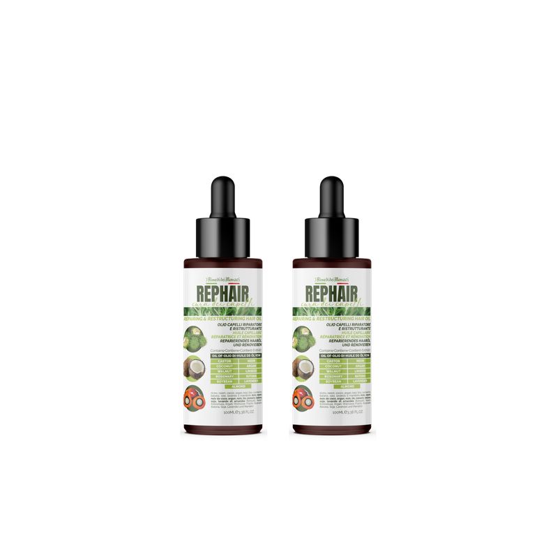 Twee bruine flessen met zwarte pipetten. Op de etiketten staat "REPHAIR". Illustraties van fruit en tabellen.