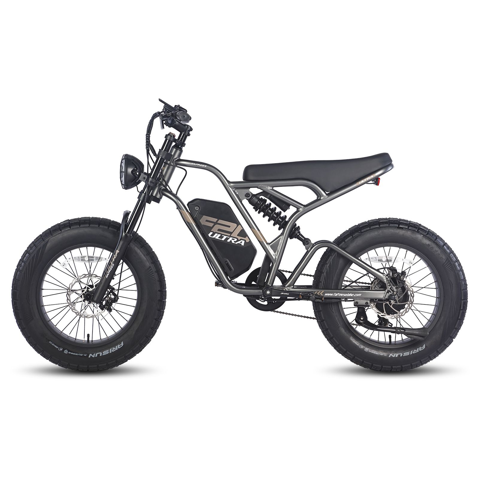 Grijze e-dirtbike met zwarte banden. Zichtbaar: zadel, motor, koplamp, F20 Ultra-logo.