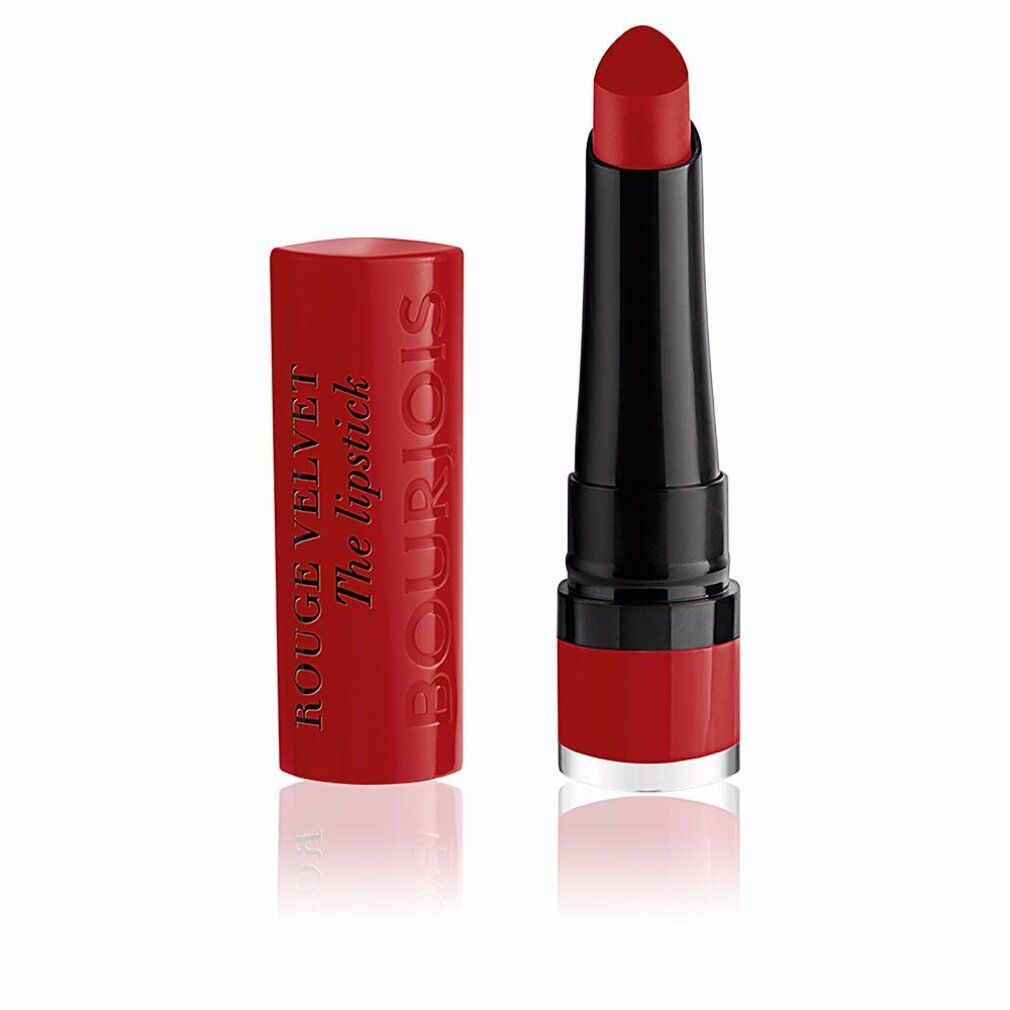 Rouge à lèvres rouge ouvert. Le rouge à lèvres porte l'inscription "Rouge Velvet The lipstick" et "Bourjois".