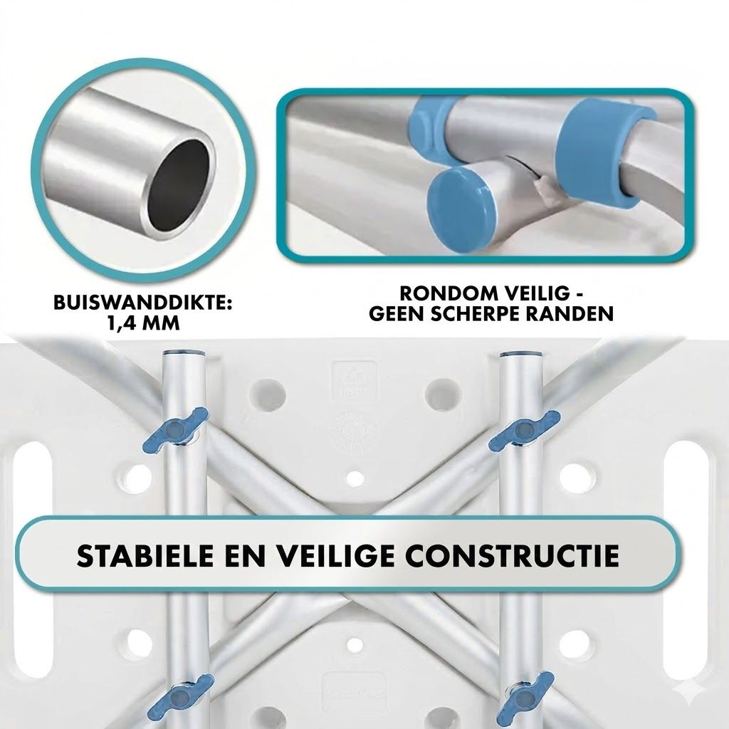 Douchestoel met rugleuning. Stabiele en veilige constructie. Buiswanddikte 1,4 mm.