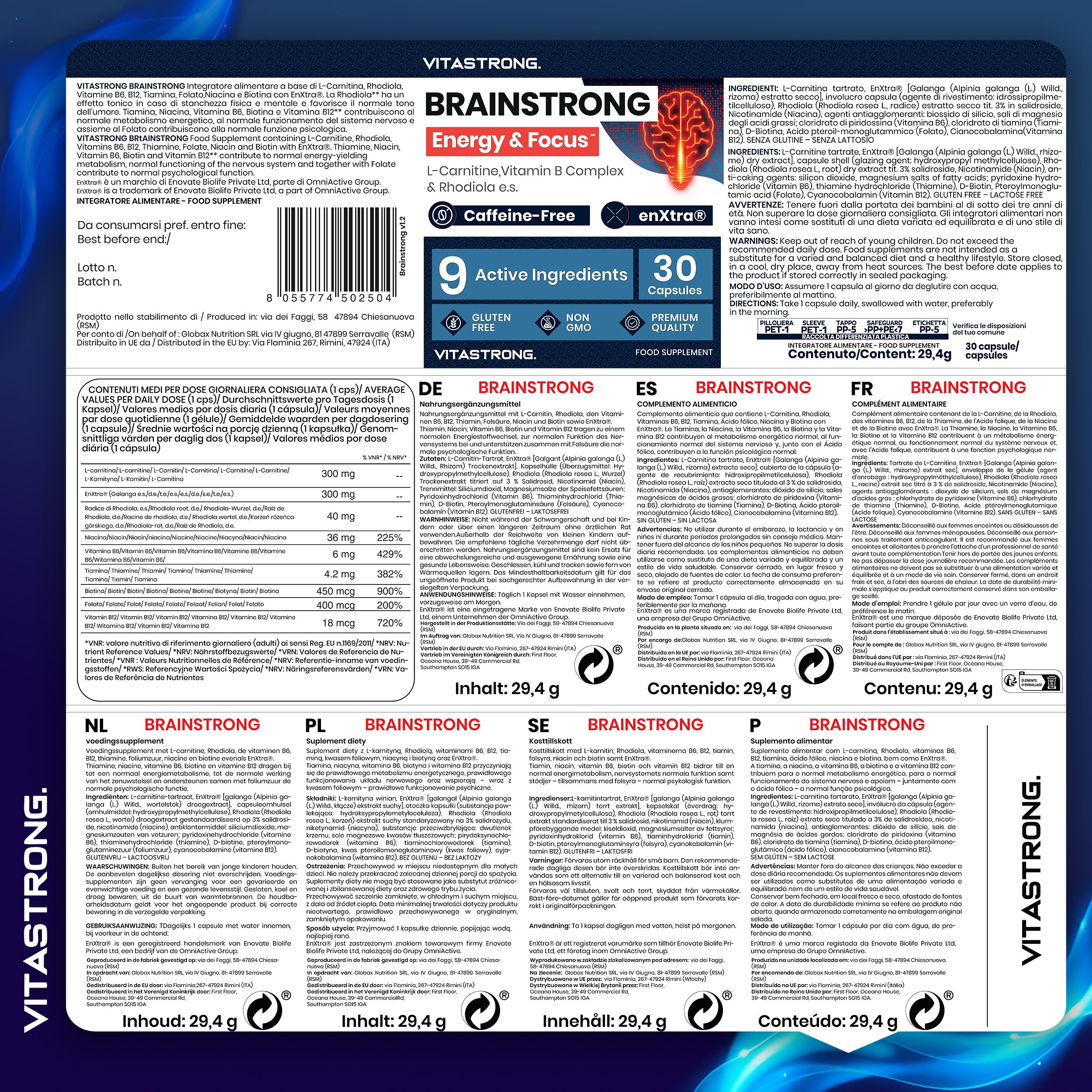 Vitastrong Brainstrong, 30 gélules. Verso de l'emballage. Texte en plusieurs langues : Brainstrong, 9 ingrédients.