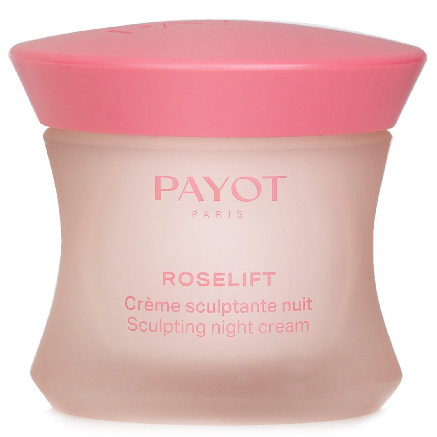 Crèmepot met roze deksel. Opschrift PAYOT PARIS en ROSE LIFT. Tekst: Crème sculptante nuit, Sculpting night cream.