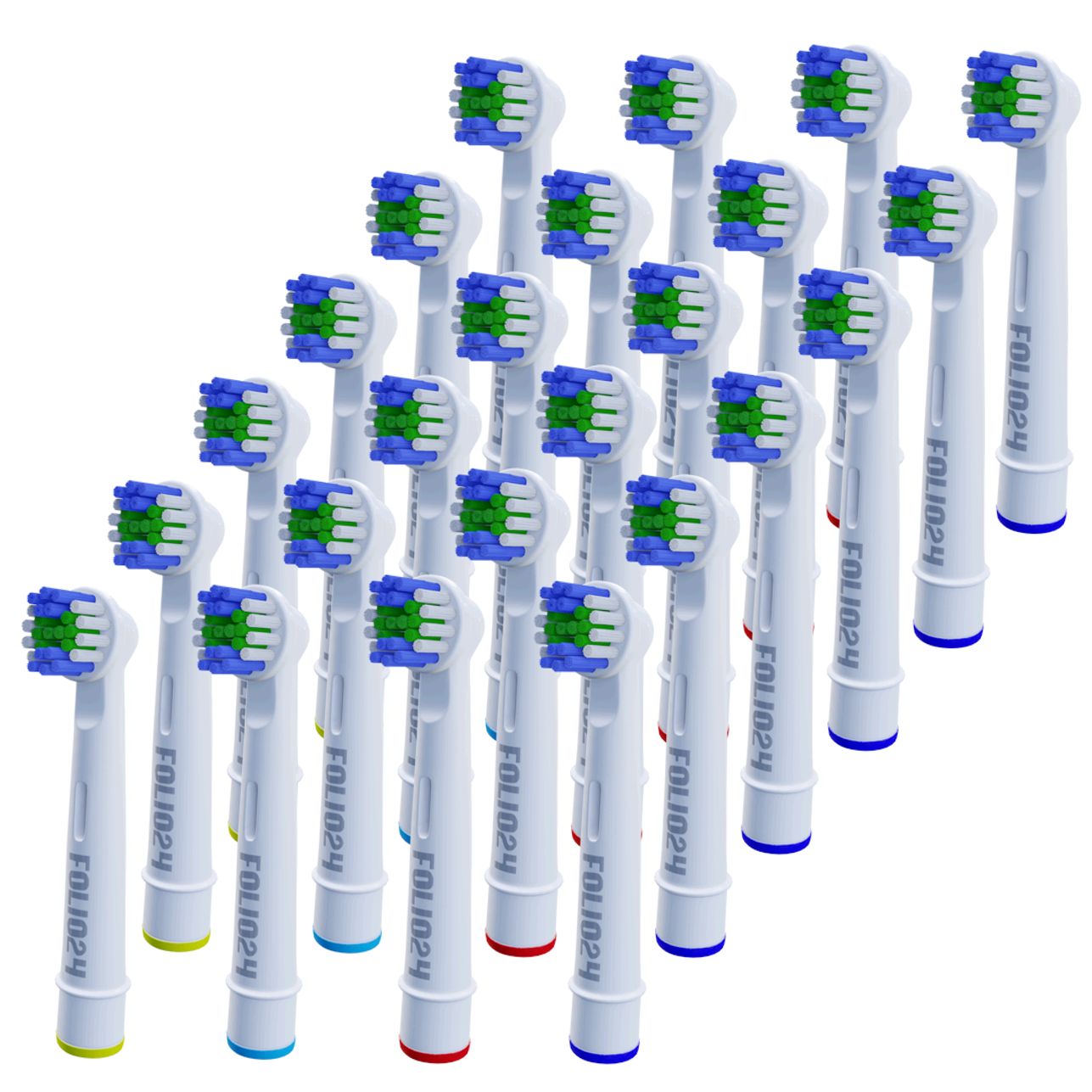 Meerdere tandenborstelkoppen, wit met gekleurde ringen. Schuin geplaatst. Blauwe, groene en witte borstelharen.