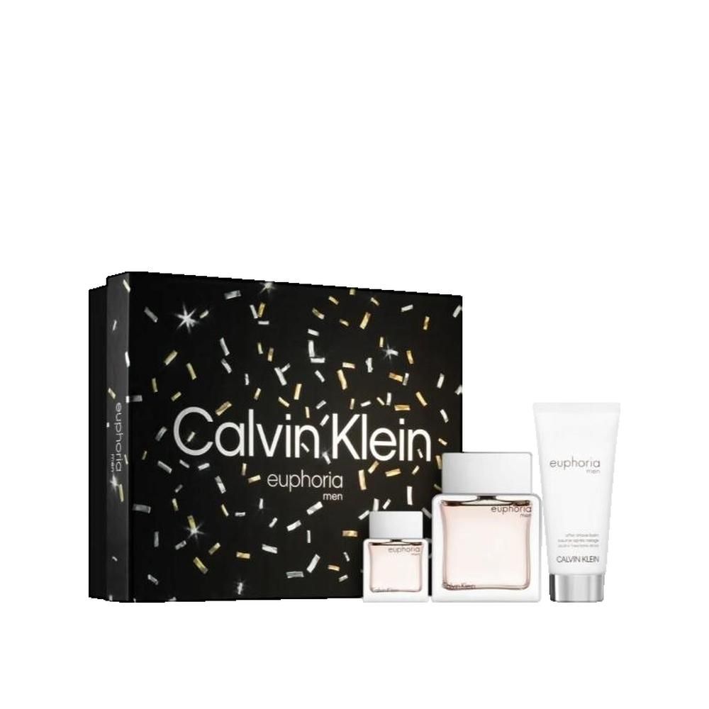 Coffret Calvin Klein Euphoria Men. Boîte noire avec motifs, flacon de parfum, miniature et tube de soin.