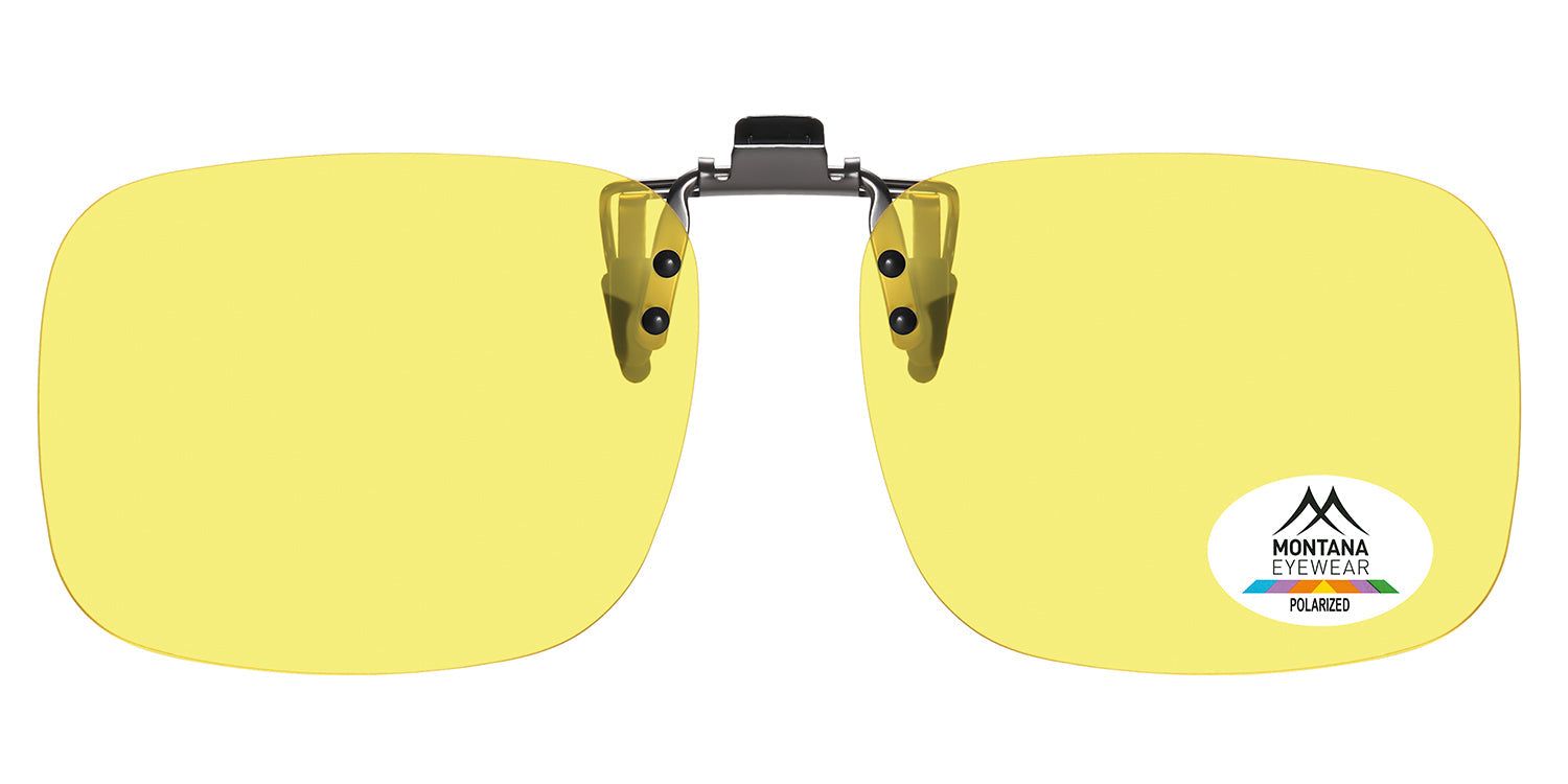 Lunettes de soleil clip-on Montana Eyewear Tofino jaunes. Verres rectangulaires, monture métallique, logo Polarized.