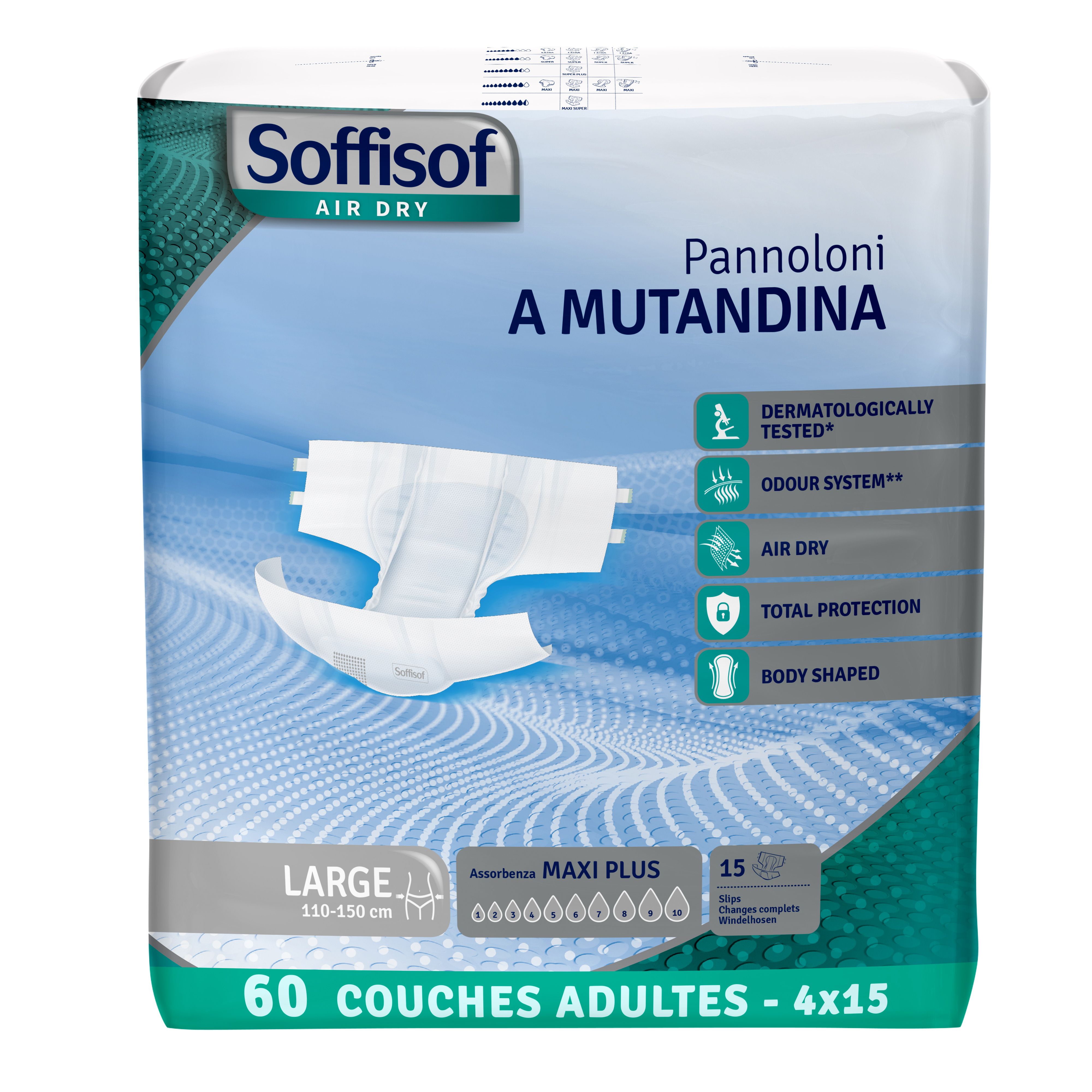 Paquet de 60 couches pour adultes. Inscription: Soffisof Air Dry, Maxi Plus, Large, 110-150 cm. Avec certifications.