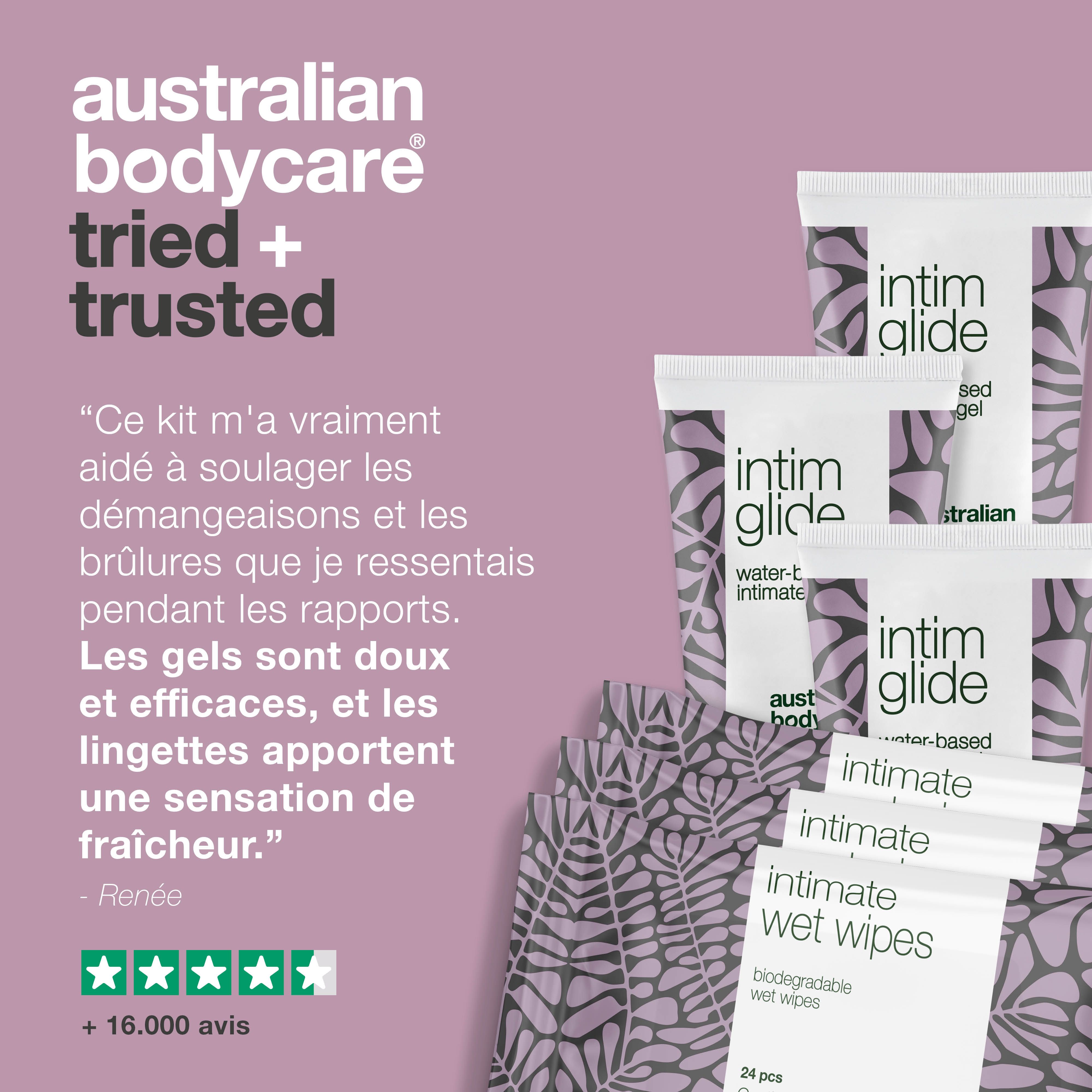 Graphique : australian bodycare tried + trusted. Gel intime et lingettes. Citation et évaluation 5 étoiles.