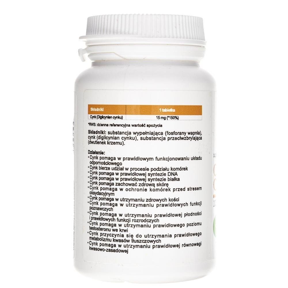 Arrière d'une boîte blanche de pilules avec liste des ingrédients et description des effets. "15 mg de zinc".