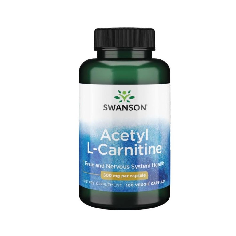 Bouteille verte de gélules de Swanson Acetyl L-Carnitine, 500 mg par gélule, 100 gélules végétales.