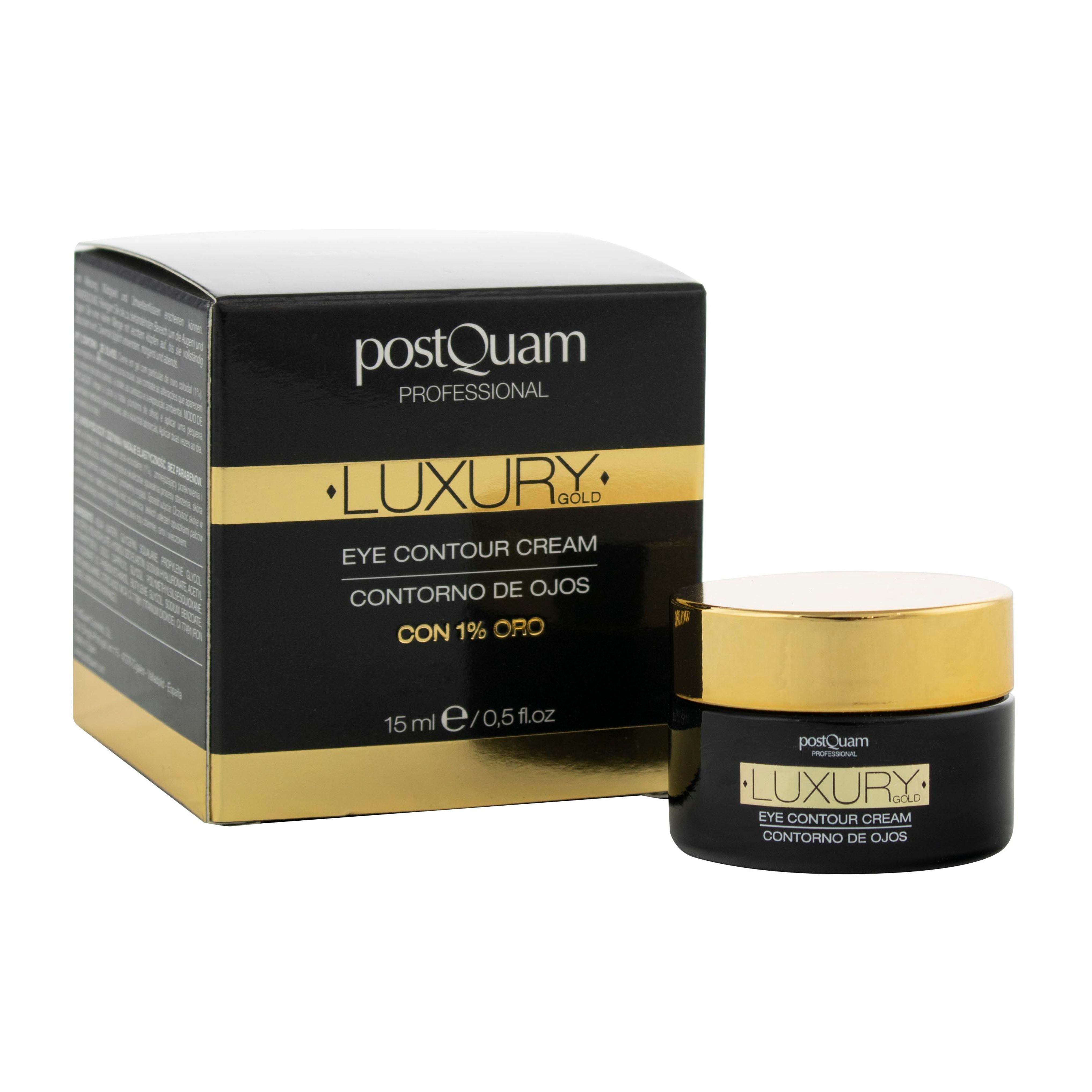 Boîte noire et pot. Inscription: LUXURY GOLD EYE CONTOUR CREAM. Marque: postQuam. Avec 1% d'or.