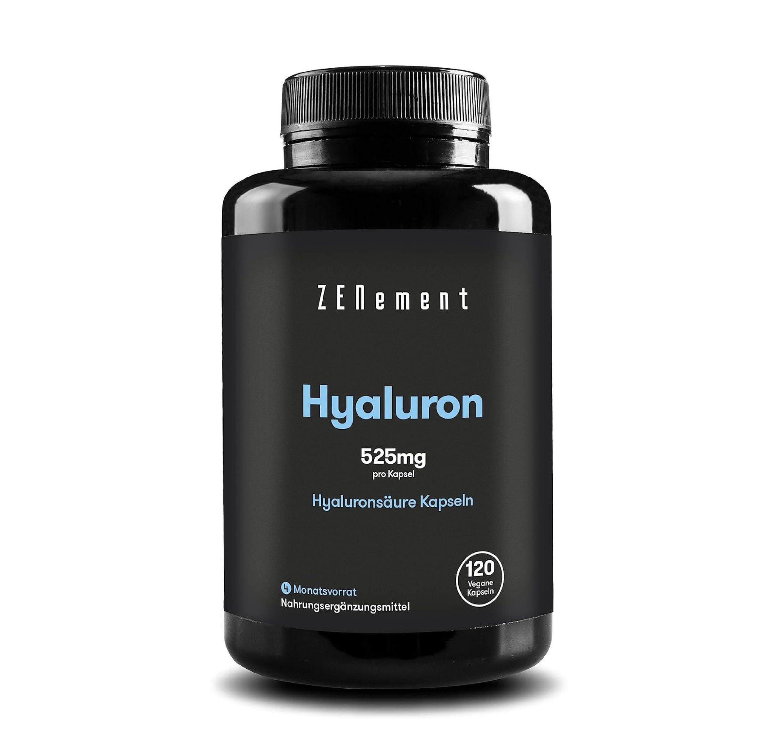 Flacon noir de gélules Zenement Hyaluron. Texte : Zenement, Hyaluron 525mg par gélule, gélules d'acide hyaluronique, 120 gélules, complément alimentaire.