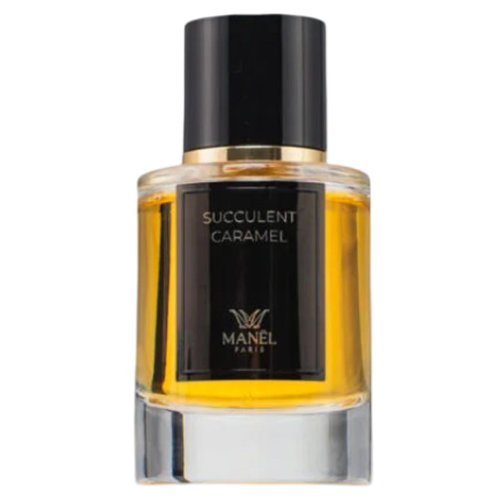 Flacon en verre avec liquide doré. Bouchon noir. Étiquette avec "Succulent Caramel" et logo.