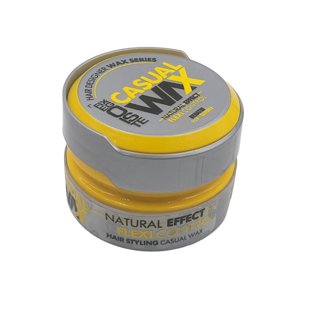 Haarwax pot, gesloten. Deksel met tekst "Casual Wax". Gele binnenkant, grijze rand. Productnaam en opschriften.